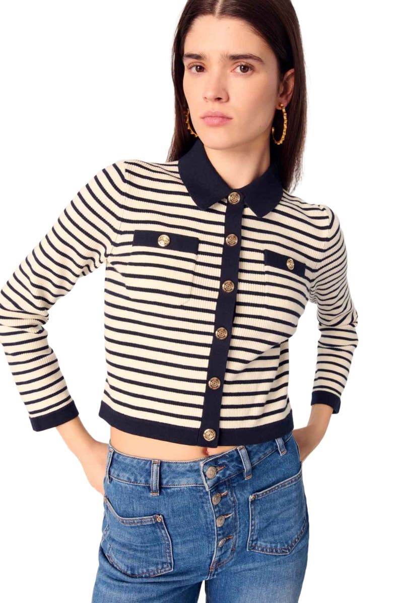 maje Cropped rib knit cardigan, Alternate, color, Navy / Ecru