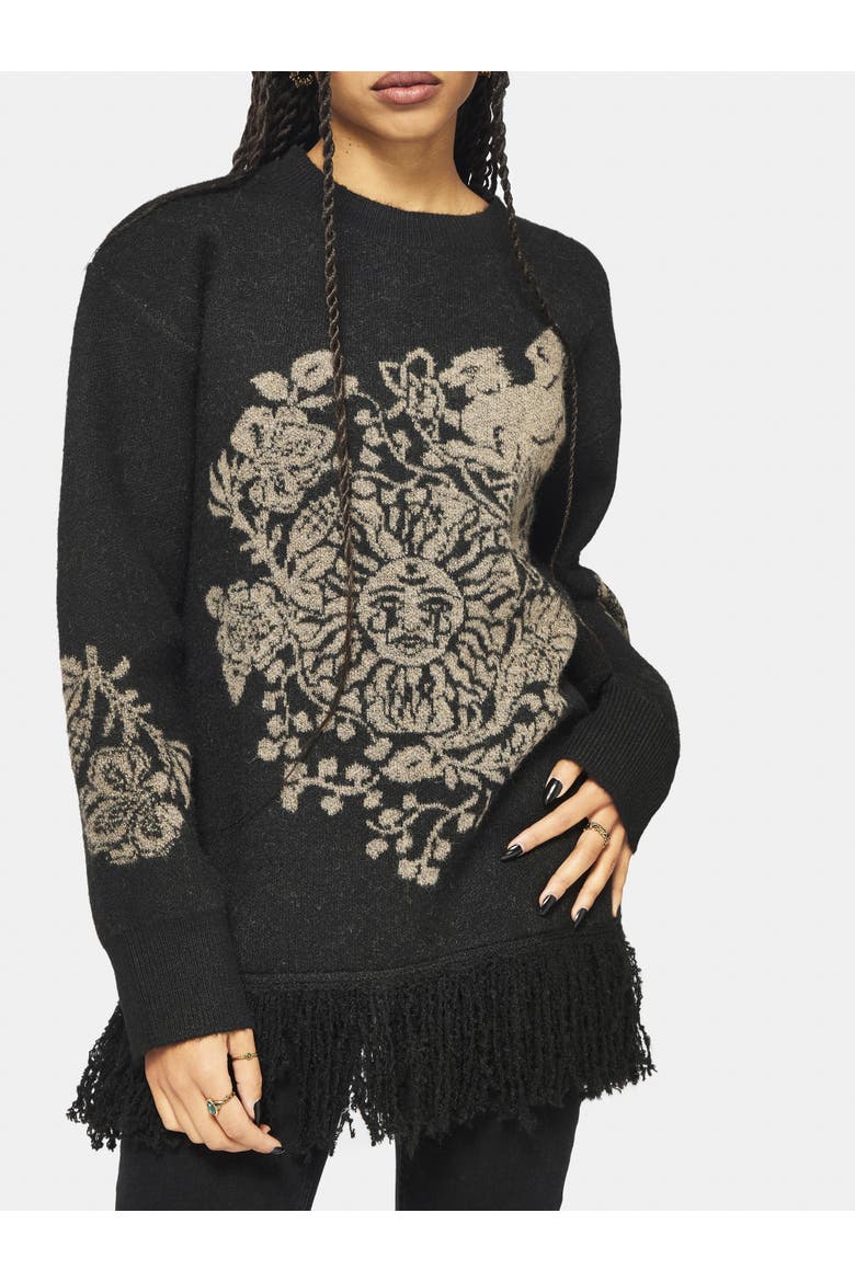Dia Fringe Hem Jacquard Knit Sweater, Main, color, Black