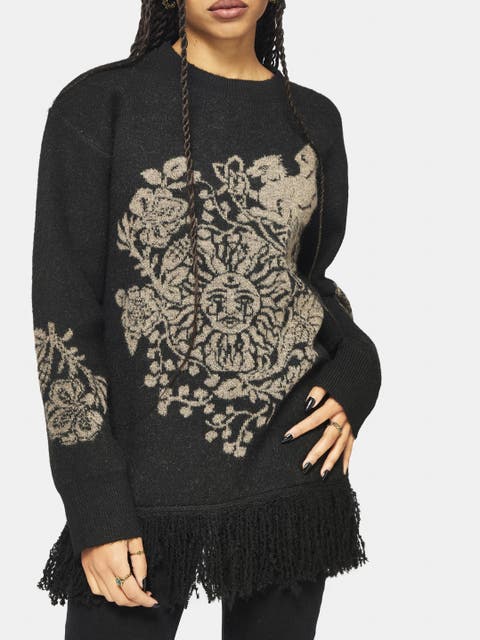 Dia Fringe Hem Jacquard Knit Sweater