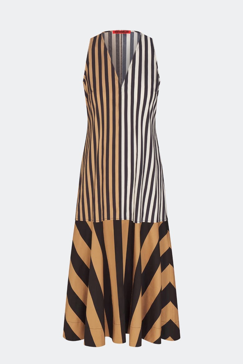 Celeste Poplin Midi Dress, Main, color, Black/Tan Stripe Combo