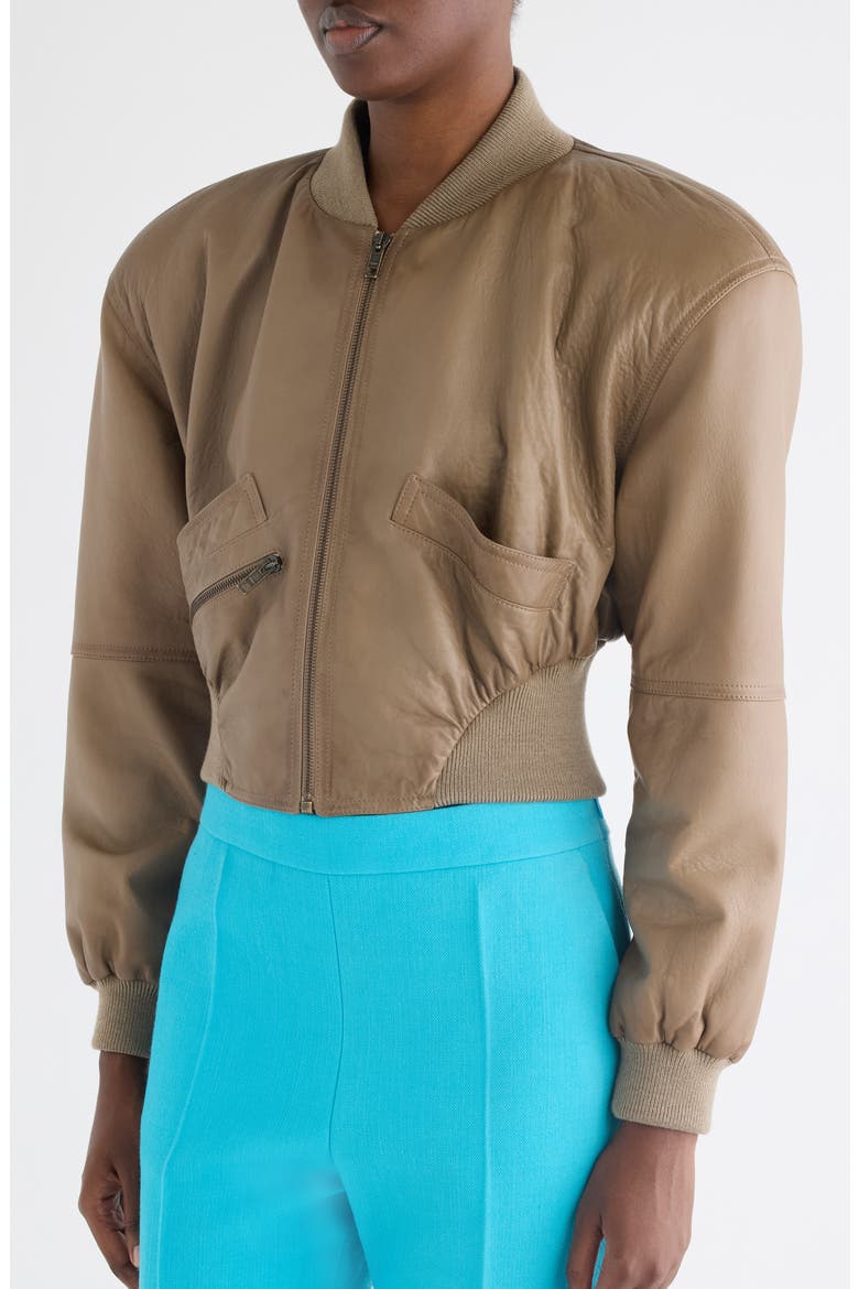 Crop Leather Bomber Jacket, Alternate, color, BAOBAB BROWN