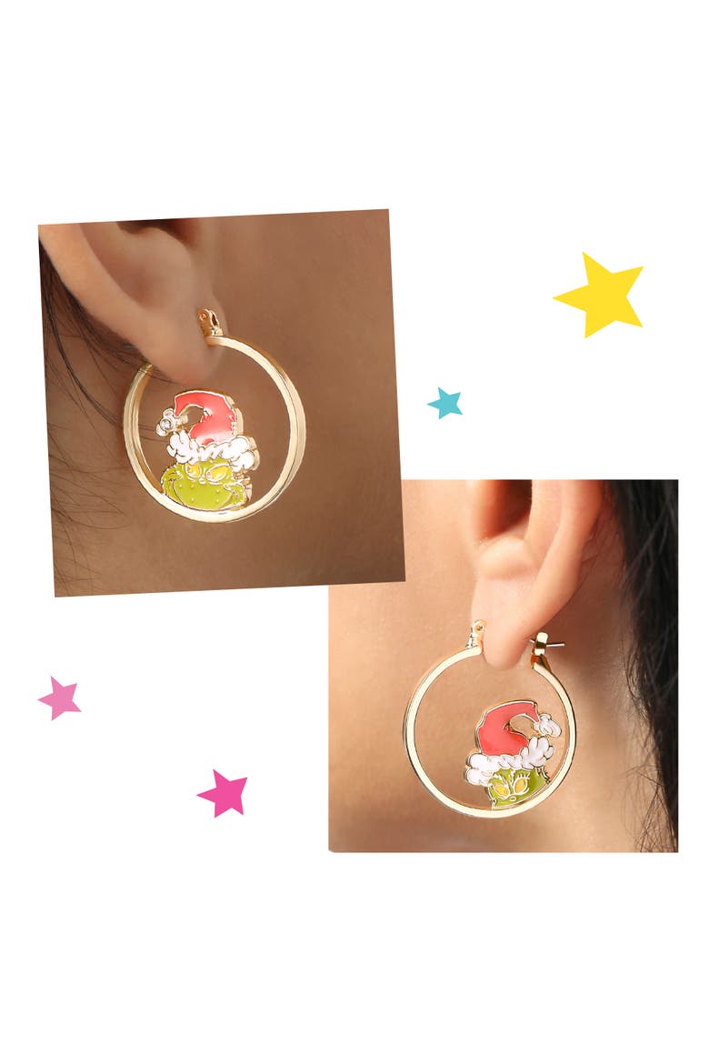 The Grinch Earrings for Women Official License, Mismatched Hoops, Alternate, color, Gold