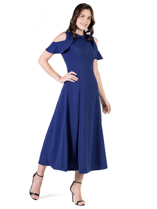 24seven Comfort Apparel Plus Size Ruffle Cold Shoulder A Line Maxi Dress In Blue