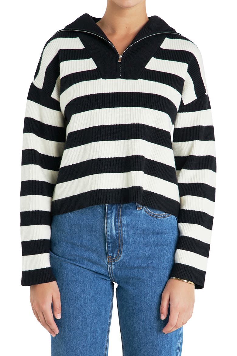 Stripe Half Zip Crop Sweater, Main, color, BLACK/ IVORY