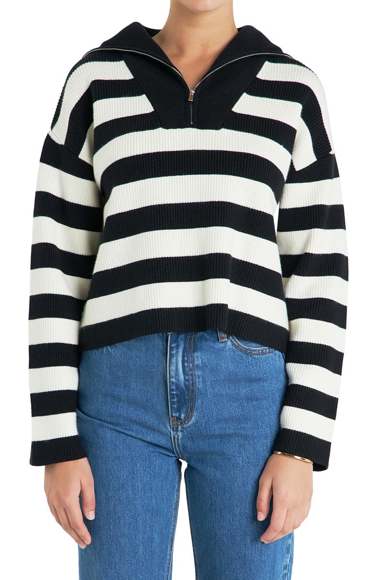 English Factory Stripe Half Zip Crop Sweater, Main, color, Black/ Ivory