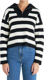 English Factory Stripe Half Zip Crop Sweater