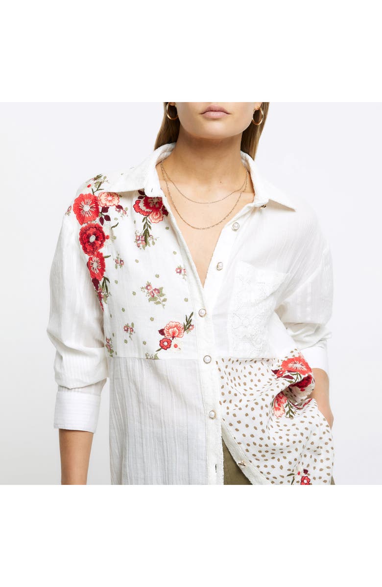 River Island Floral Embroidered Patchwork Lace Button-Up Shirt, Alternate, color, 