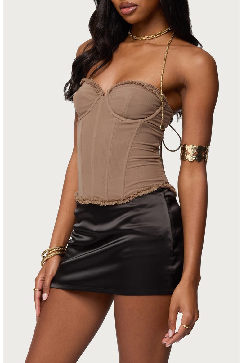 Deirdre Lace-Up Strapless Mesh Corset Top, Alternate, color, BROWN