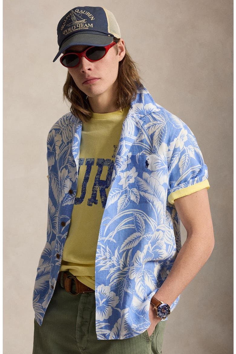 Classic Fit Tropical Print Linen Camp Shirt, Alternate, color, 7165 BLUE SWEETHEART FLORAL