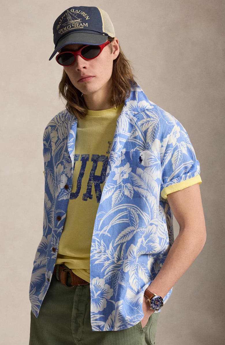 Polo Ralph Lauren Classic Fit Tropical Print Linen Camp Shirt, Alternate, color, Blue Sweetheart Floral