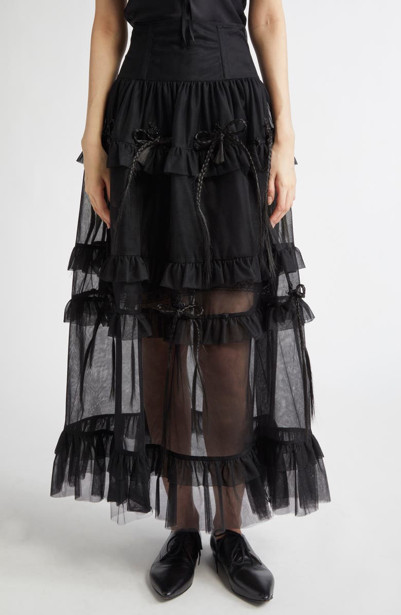 Meruert Tolegen Corset Waist Tiered Maxi Skirt with Faux Hair Bows, Main, color, 