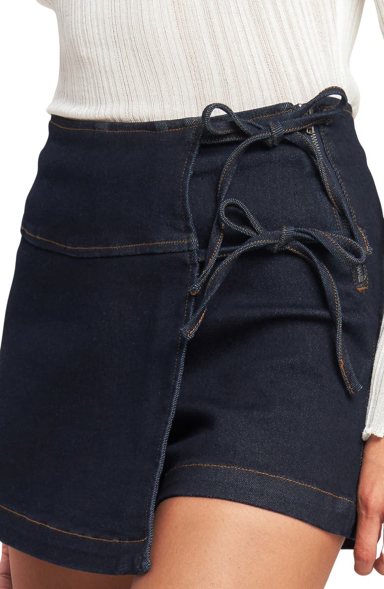 FLYING TOMATO Tie Front Denim Skort, Alternate, color, Dark Indigo