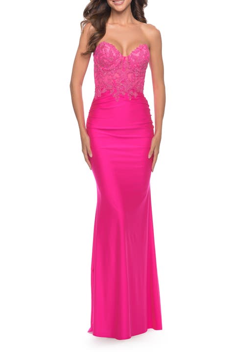 Stunning Strapless Jeweled Lace and Jersey Dress in Neon Pink