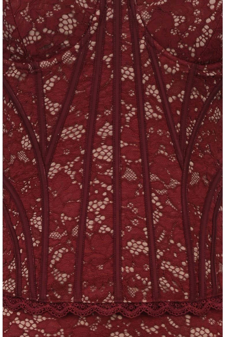 Solaine Lace-Up Strapless Lace Corset Gown, Alternate, color, CABERNET