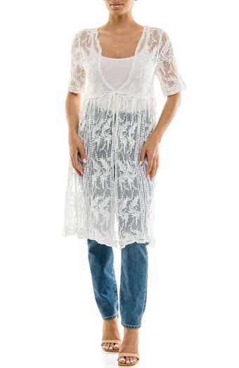 Nina Leonard Floral Embroidered Mesh Duster