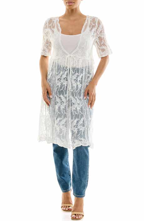 Nina Leonard Floral Embroidered Mesh Duster