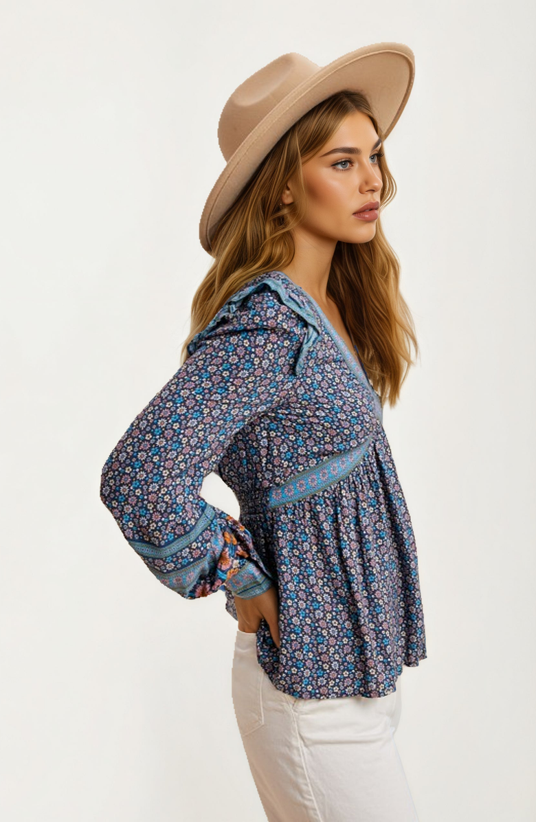 Knit and Lounge Floral Print Boho Blouse with Contrast Trim V-Neck, Alternate, color, Floral Blue