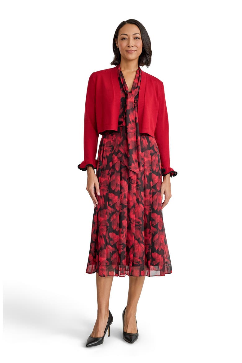Sculptural Cuff Shrug Cardigan, Alternate, color, FIRE RED/ BLACK