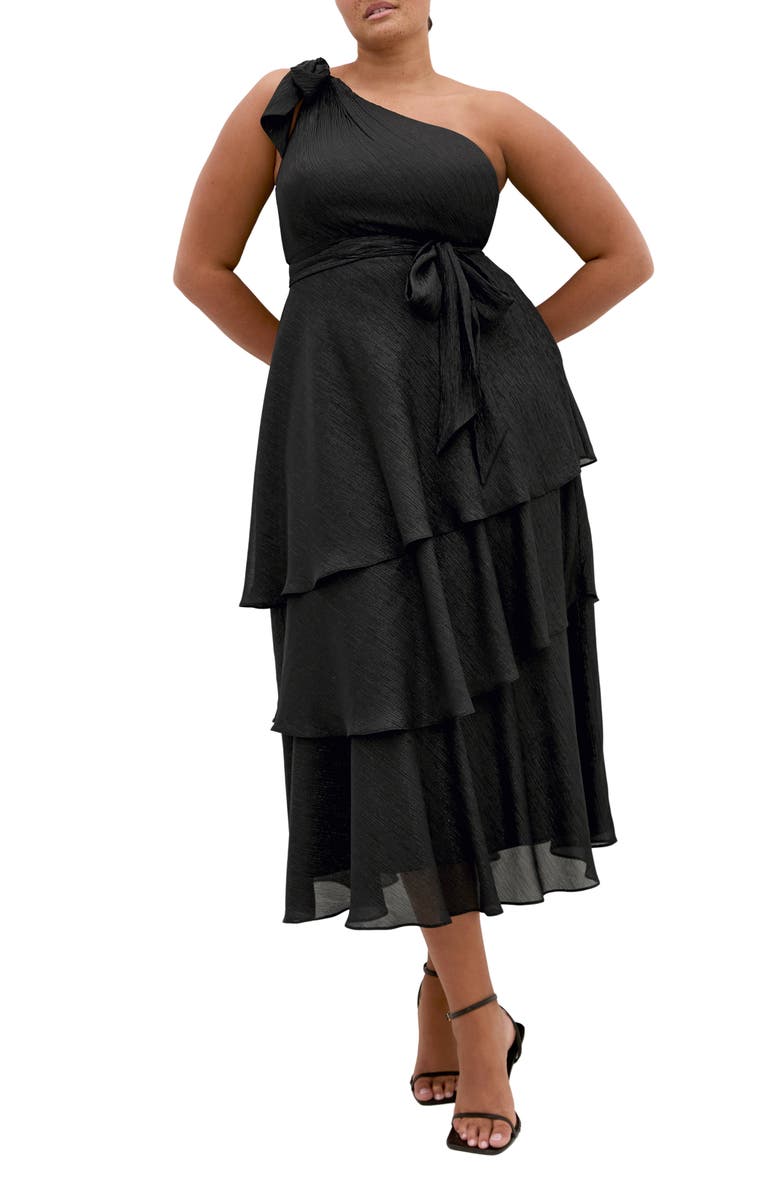 City Chic Metallic One-Shoulder Tiered Dress, Main, color, Black/ Silver