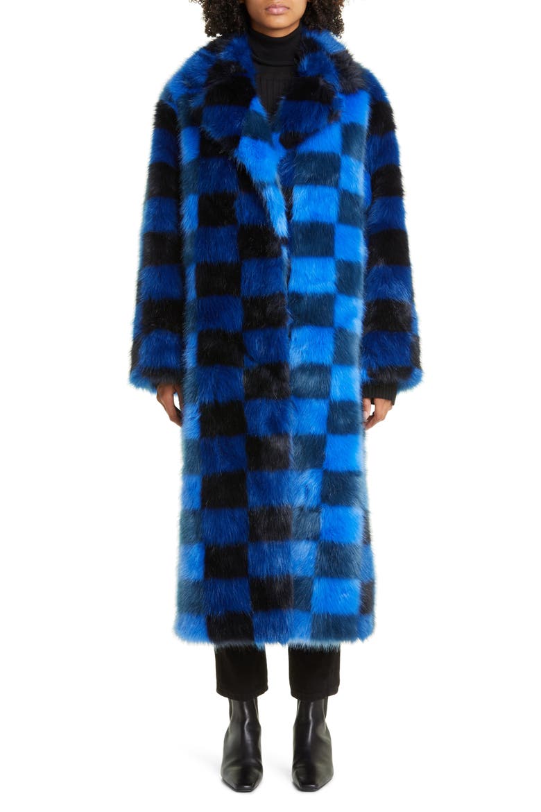Mio Checkerboard Faux Fur Coat, Main, color, MULTI BLUE CHECK