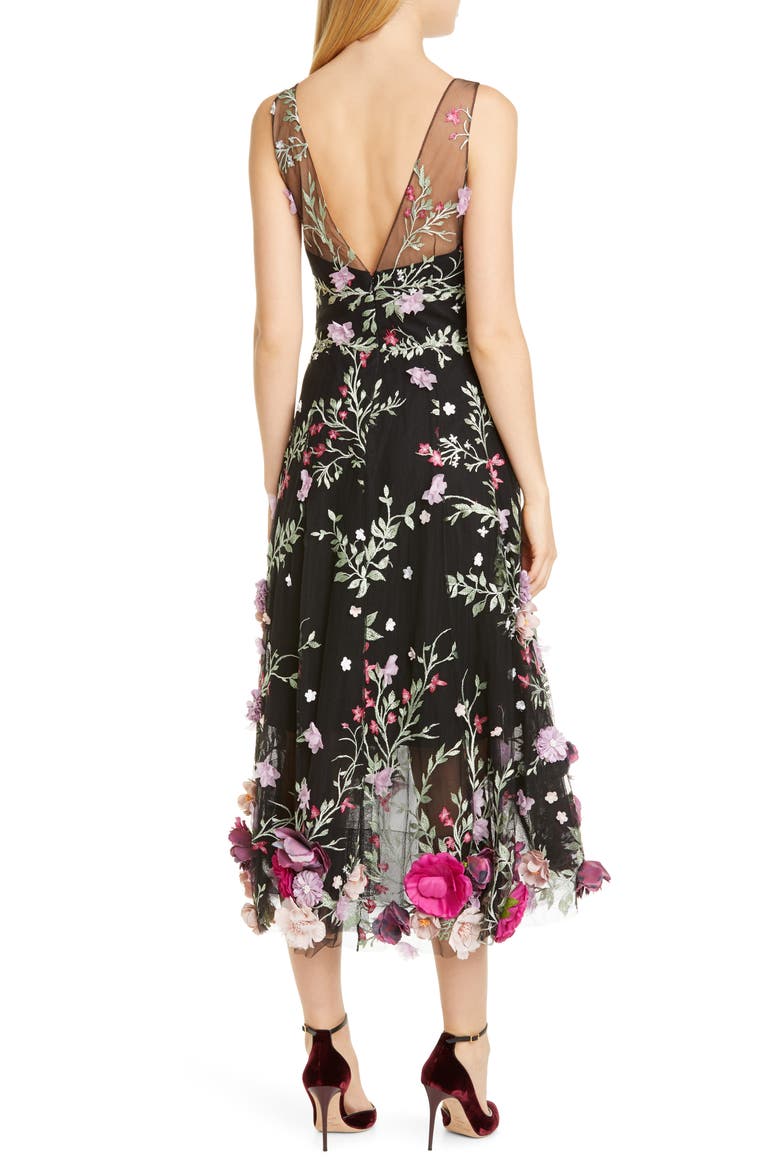 Floral Appliqué High/Low Cocktail Dress, Alternate, color, BLACK
