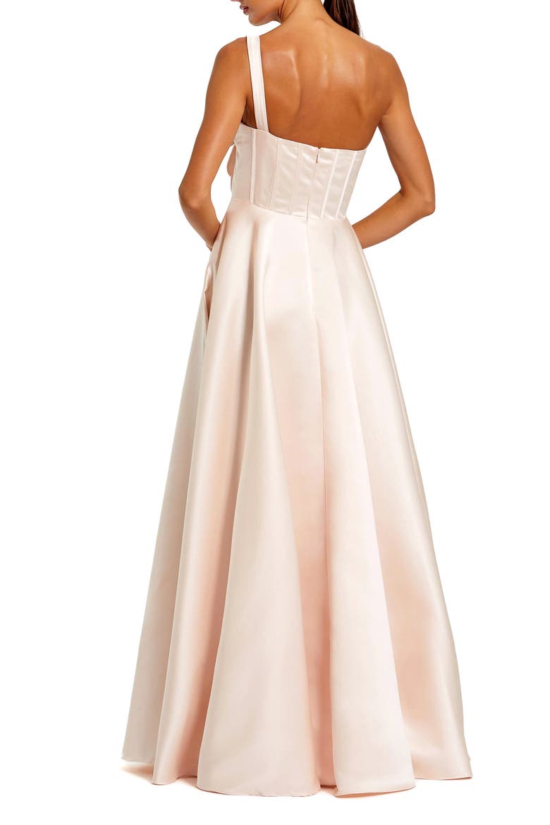Strapless Satin Bustier Gown With 3D Flowers, Alternate, color, Oyster