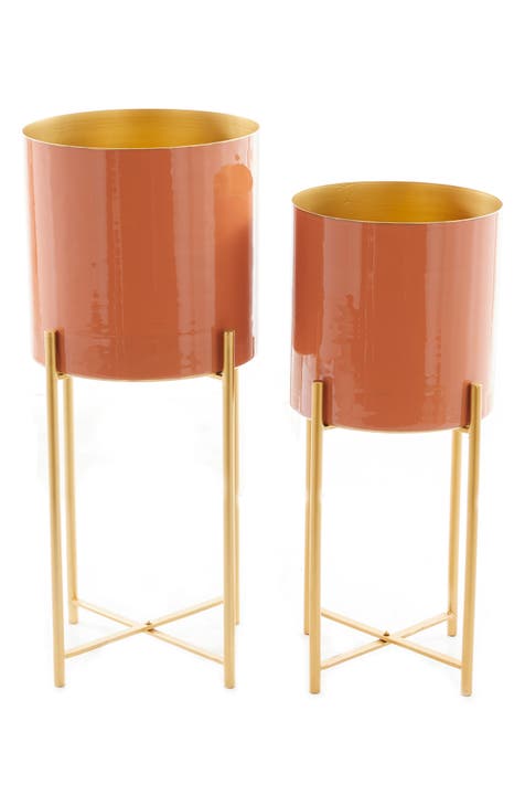 Orange Metal Contemporary Planter with Removable Stand (Set of 2)