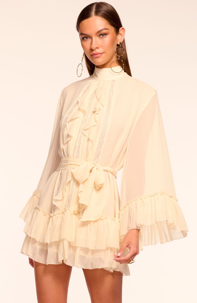 Ramy Brook Claudia Lace & Ruffle Detail Long Sleeve Silk Minidress, Alternate, color, Bone