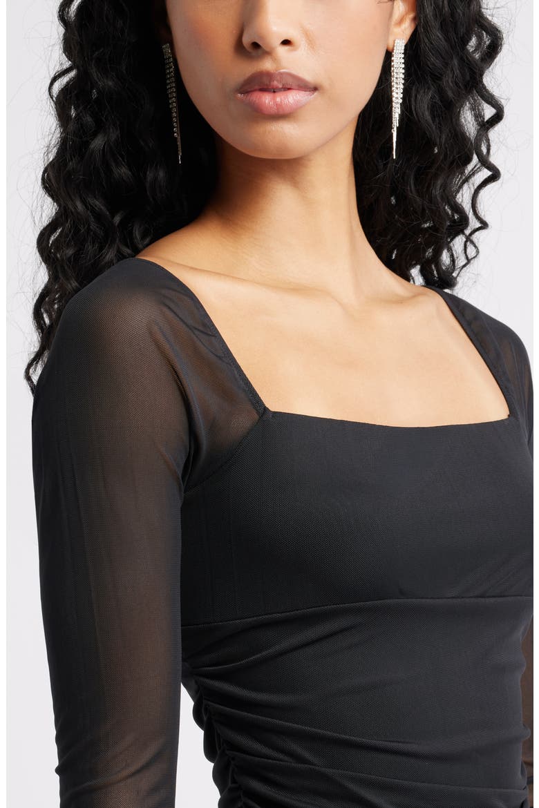 Ruched Mesh Long Sleeve Minidress, Alternate, color, BLACK