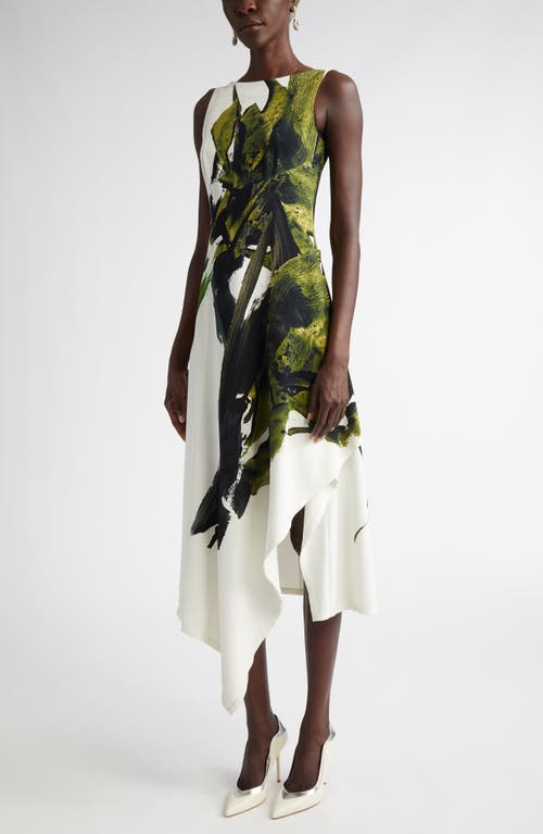 Jason Wu Collection Brushstroke Boatneck Fit-flare Crepe Dress In Chalk/olive Multi
