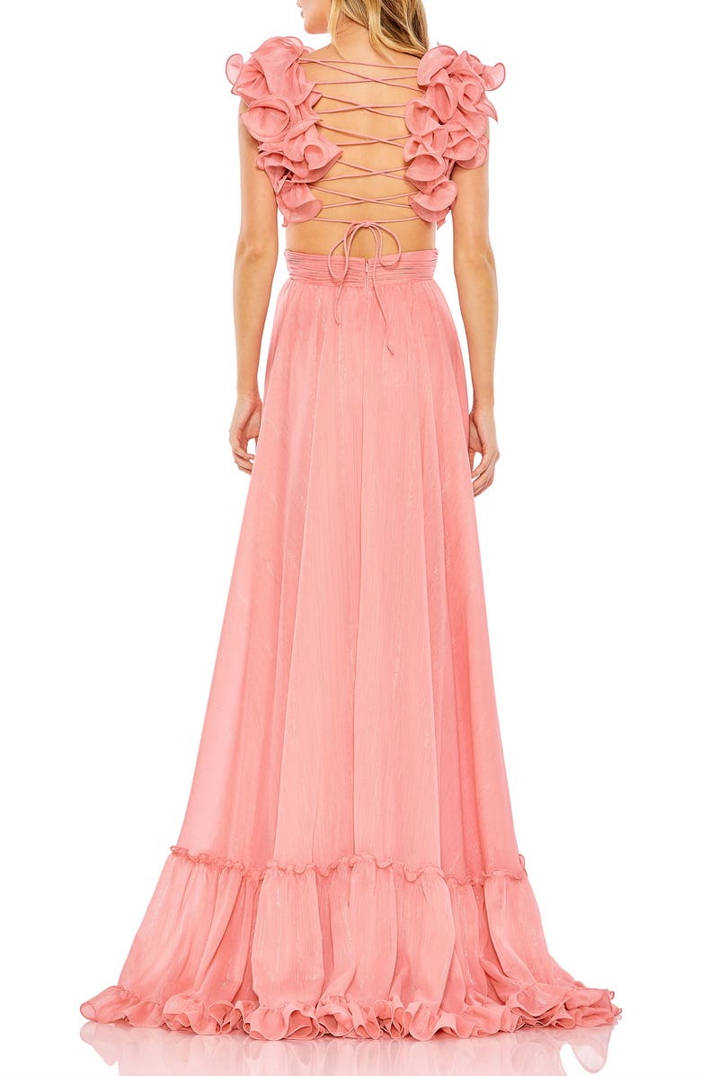 Mac Duggal Ruffle Sleeve V Neck A Line Gown, Alternate, color, Coral