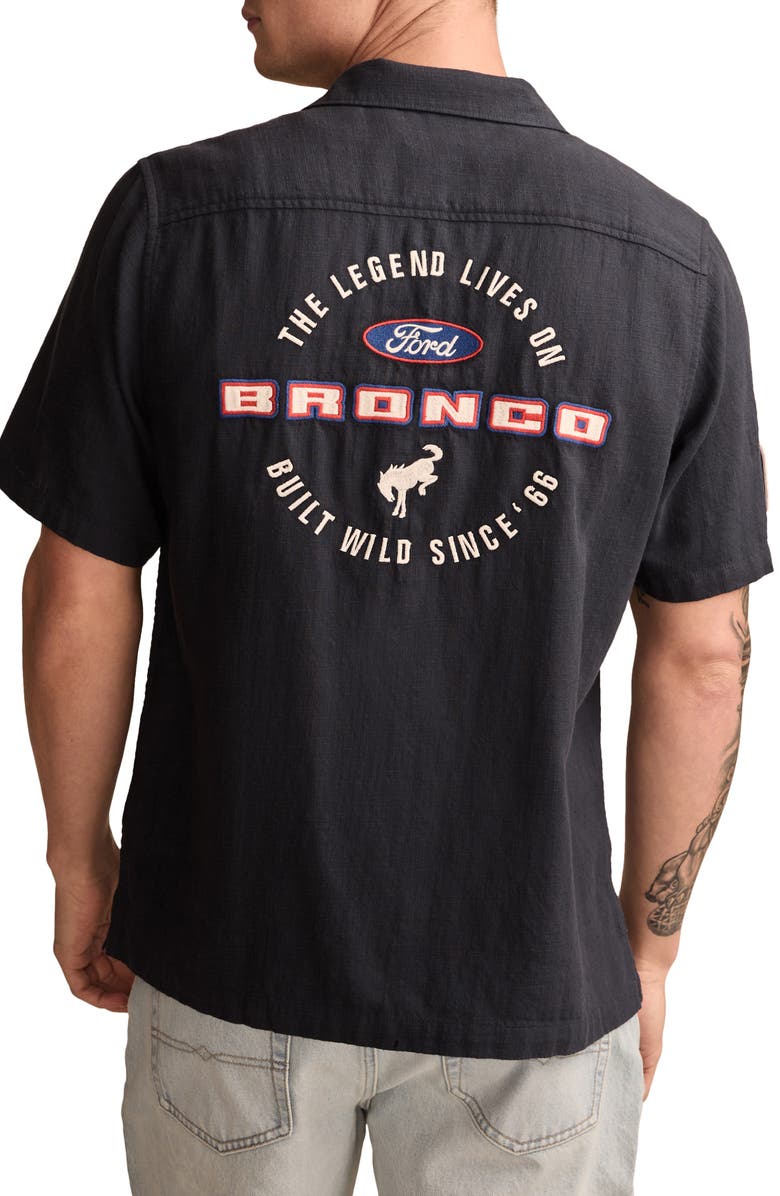 Lucky Brand Ford Mechanic Embroidered Short Sleeve Cotton Graphic Camp Shirt, Alternate, color,