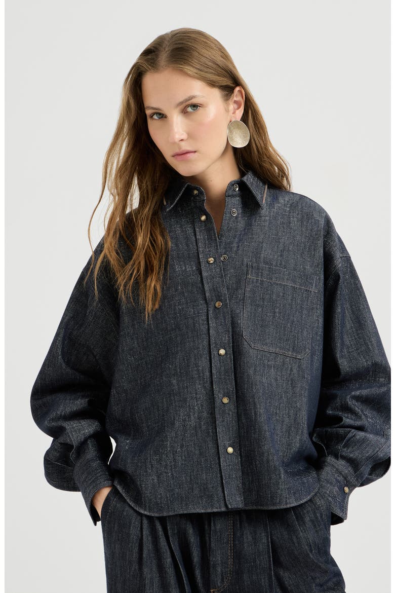 Sparkling no-fade denim shirt with shiny collar, Main, color, Denim