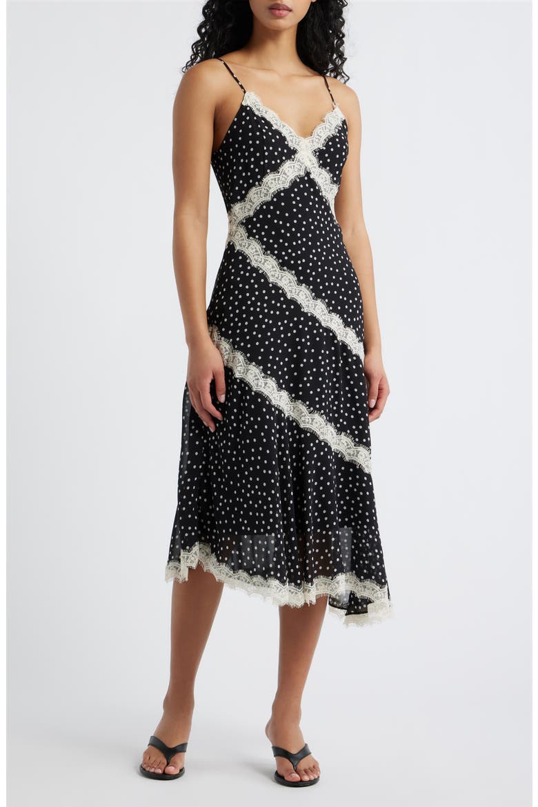 Mina Polka Dot & Lace Slipdress, Main, color, BLACK WHITE