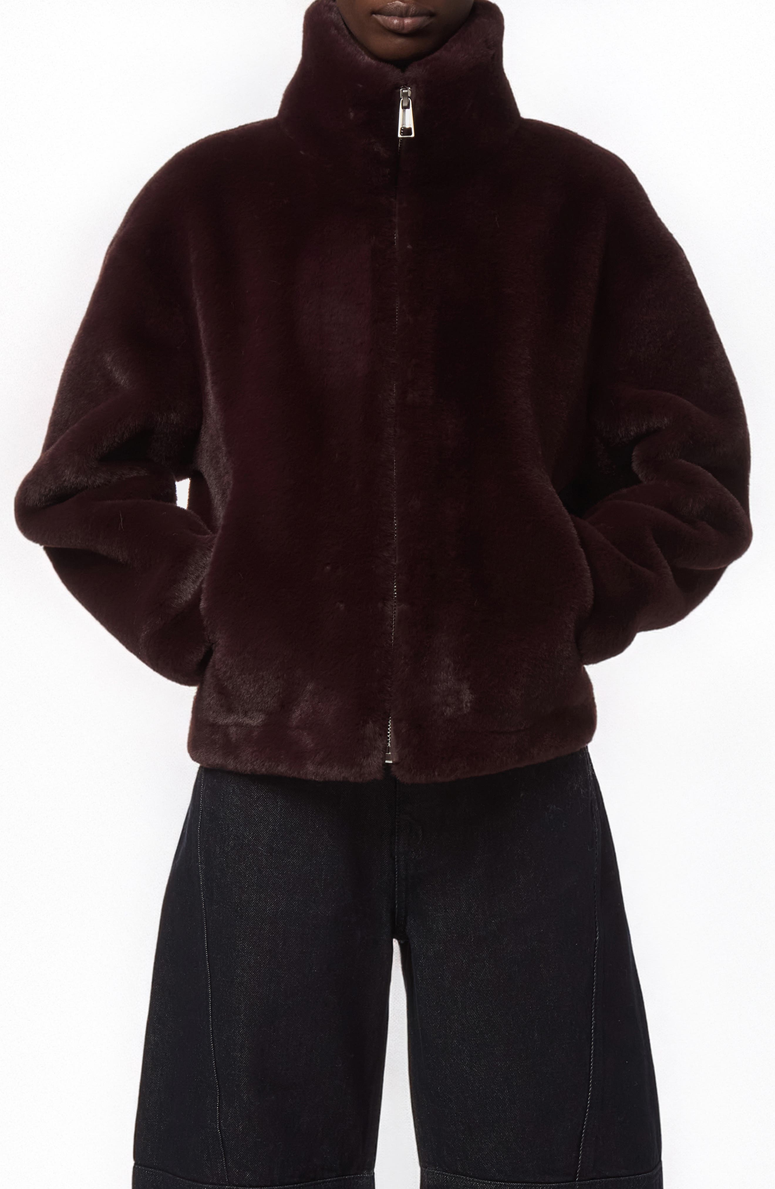 Apparis Brooks Faux Fur Coat In Burgundy