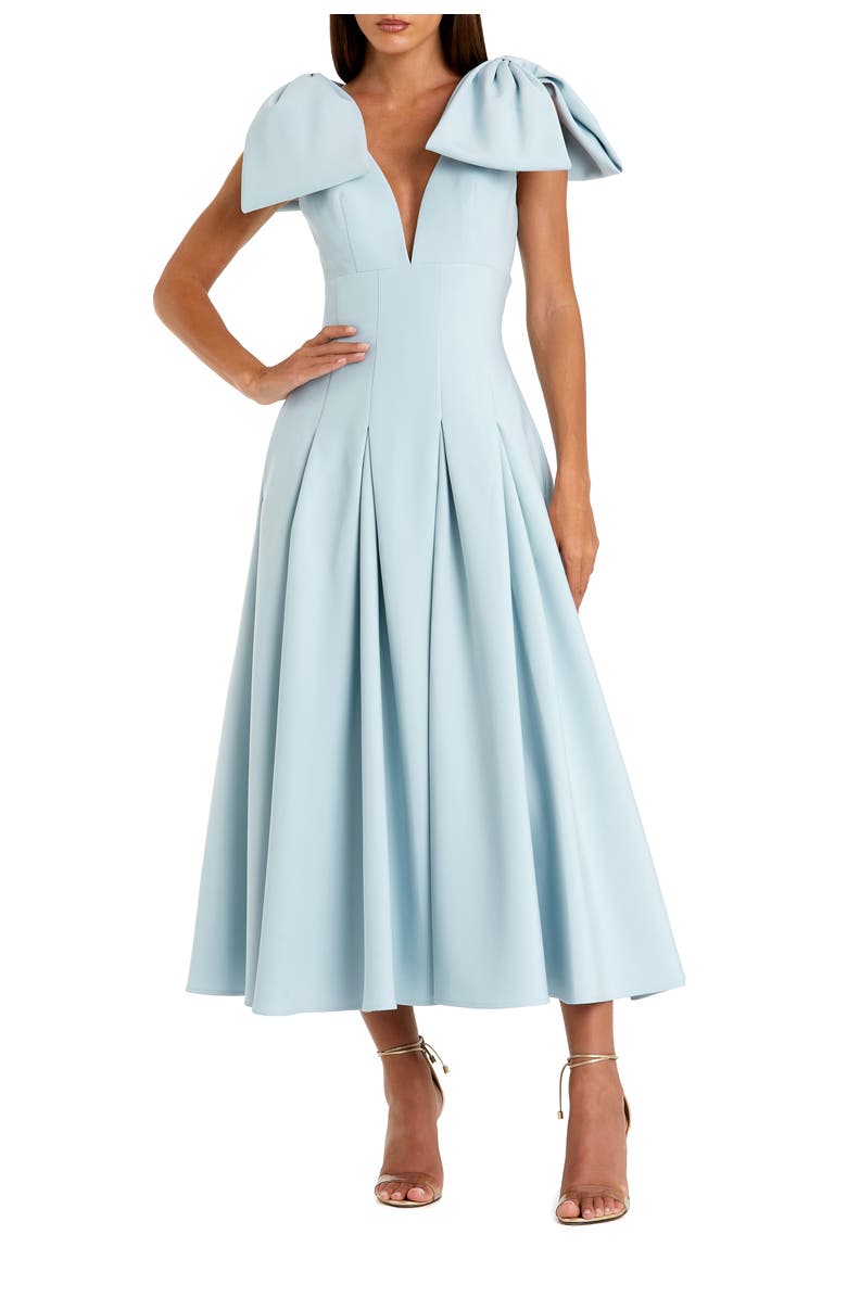 Mac Duggal Crepe A Line Midi Dress With Bow Straps, Main, color, Ice Blue