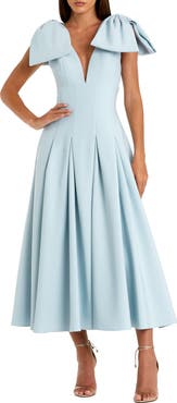 Mac Duggal Crepe A Line Midi Dress With Bow Straps