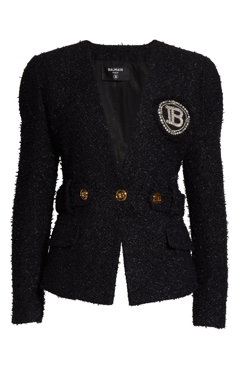 Balmain Crystal Logo Metallic Tweed Blazer, Alternate, color,