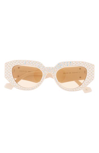 Gucci Special Edition 51mm Pavé Crystal Rectangular Sunglasses In Ivory Ivory Brown