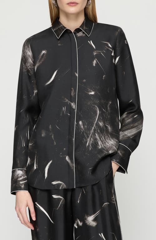 Lafayette 148 Scottie Piped Abstract-print Silk Blouse In Black Multi