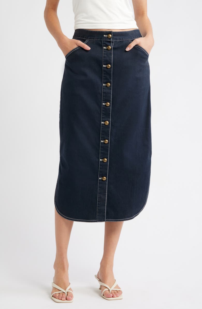 LOVE THE LABEL Apolline Button Front Midi Denim Skirt, Main, color, Pagent Blue