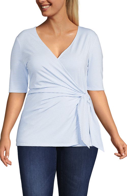 Lands' End Plus Size Elbow Sleeve Lightweight Jersey Side Tie Blouse In White/periwinkle Tiny Stripe