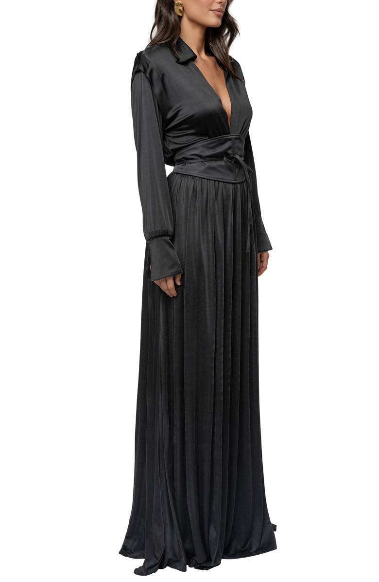 JLUXLABEL Collar Long Sleeve Satin Gown, Alternate, color, Black