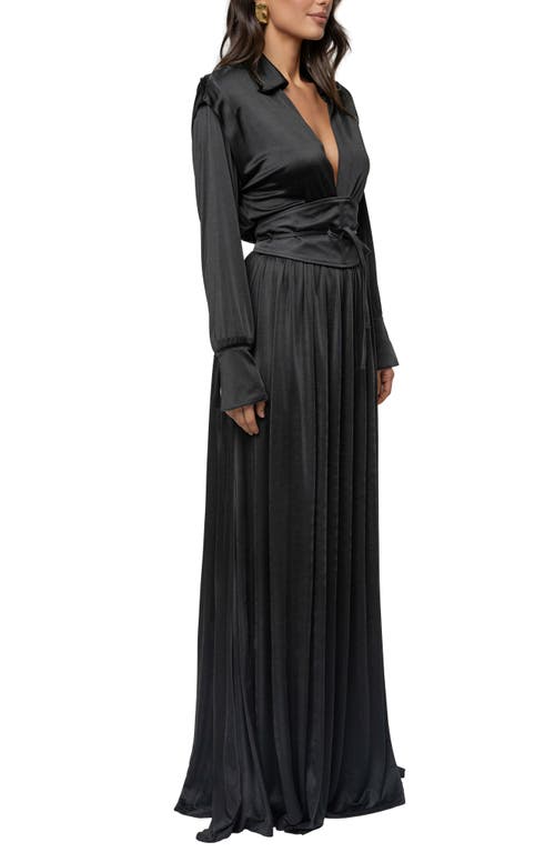 Jluxlabel Collar Long Sleeve Satin Gown In Black