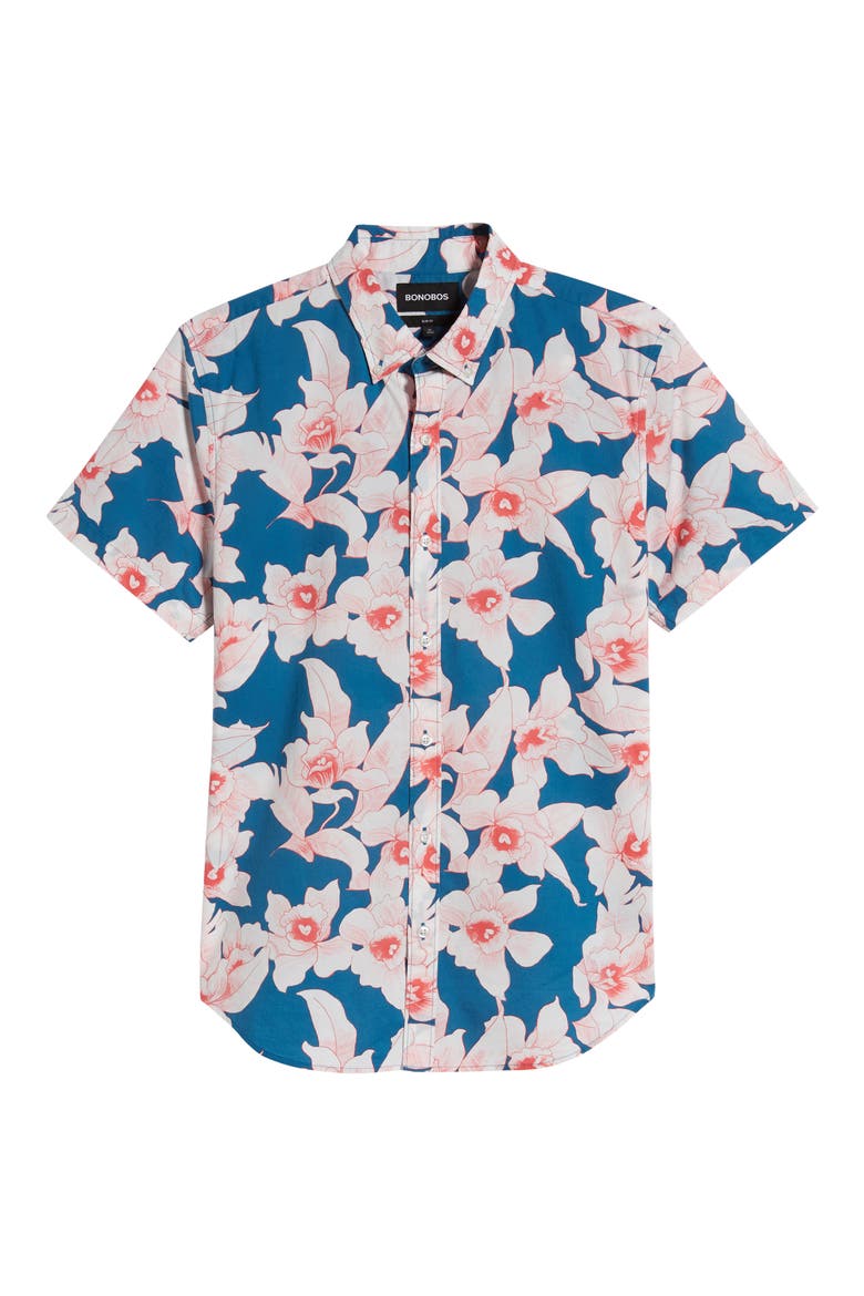 Slim Fit Floral Short Sleeve Button-Down Shirt, Alternate, color, CYANOTYPE FLORAL - STRAWBERRY