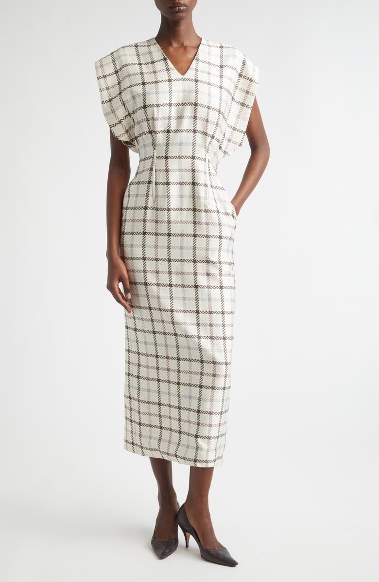 Brandon Maxwell The Keaton Windowpane Plaid Virgin Wool & Silk Midi Dress, Main, color, Windowpane Plaid