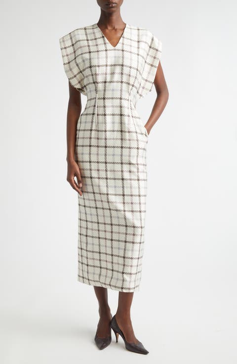 The Keaton Windowpane Plaid Virgin Wool & Silk Midi Dress