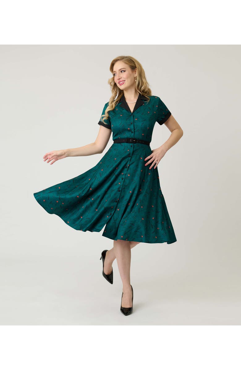 Unique Vintage Collared Short Sleeved Belted Alexis Swing Dress, Main, color, Teal Raccoon Print