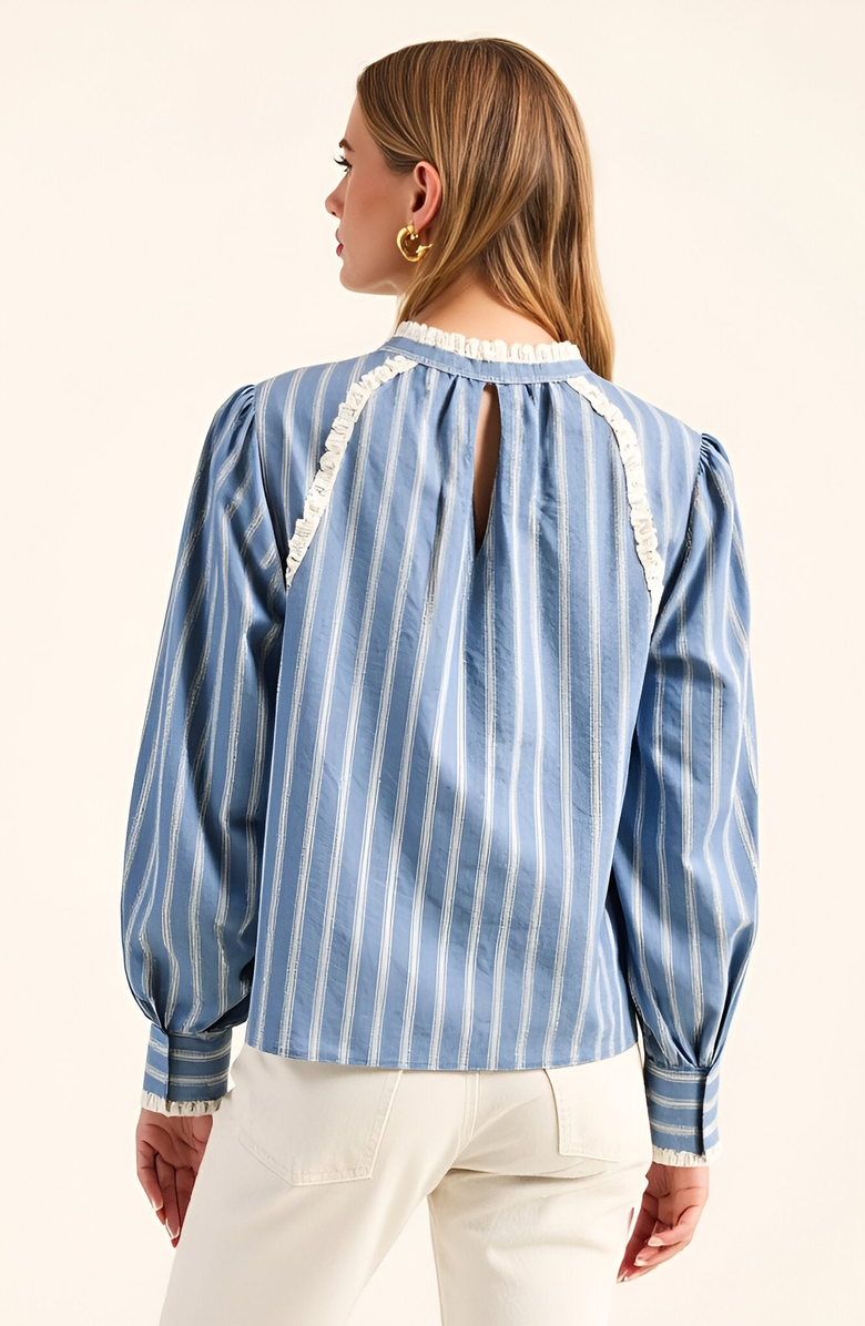 Modenaire Striped Long Sleeve Blouse with Tie Neckline and Lace Trim Details, Alternate, color, 