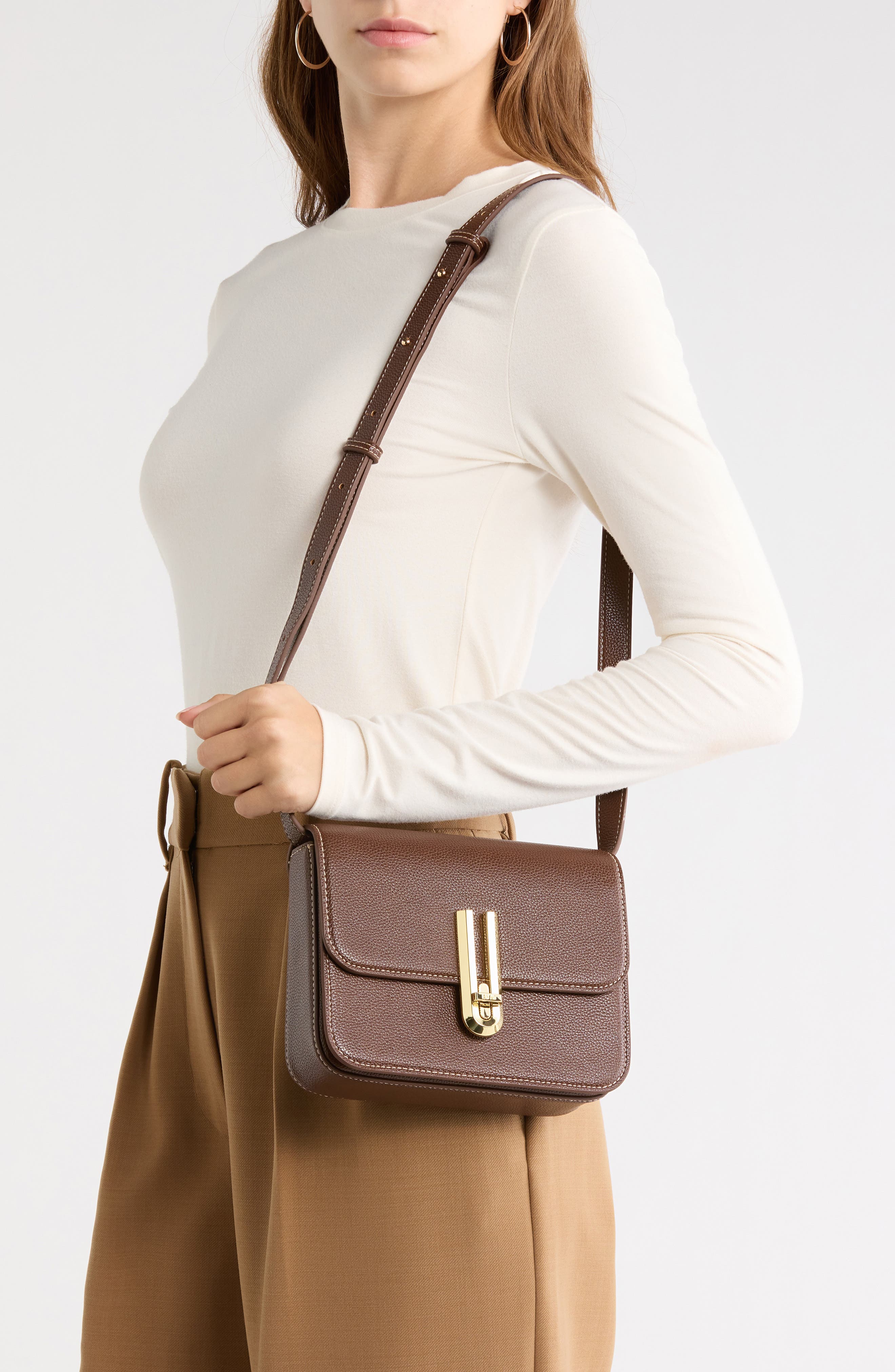 Evania Lock Pebbled Faux Leather Shoulder Bag, Alternate, color, BROWN